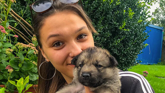 Un chiot choyé par sa famille d’accueil… et ses chiens !